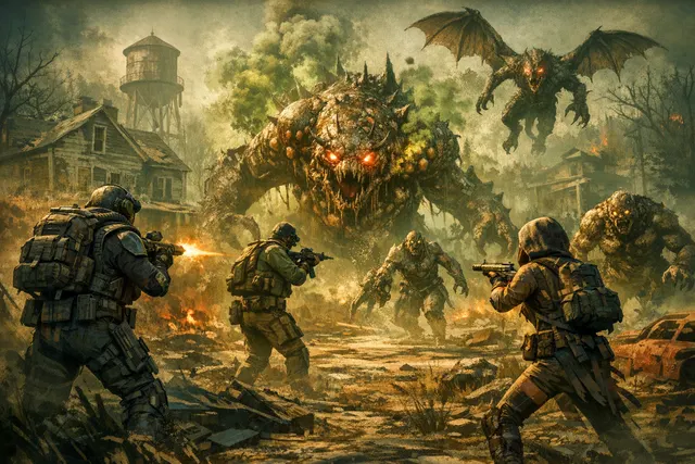Fallout 76 Infestations endgame update with a faction boss looming over a ruined Appalachian location