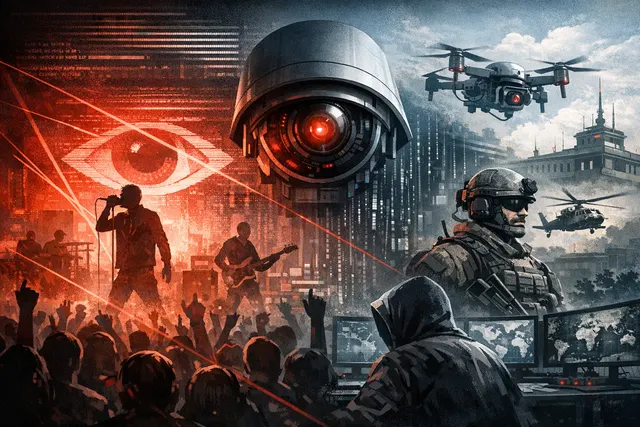 Massive Attack performing on stage with satirical facial-recognition visuals projected behind them during their 2026 anti-surveillance tour