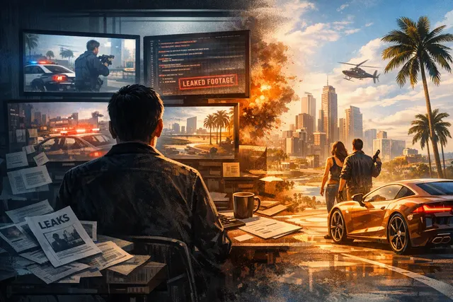 Editorial illustration representing the GTA 6 leaks and Rockstar’s planned reveal