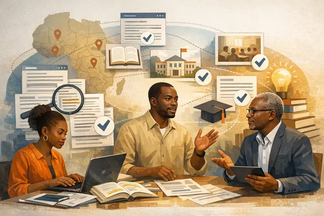Abstract illustration of a connected African classroom with digital learning tools and local language support, representing the future of edtech on the continent.