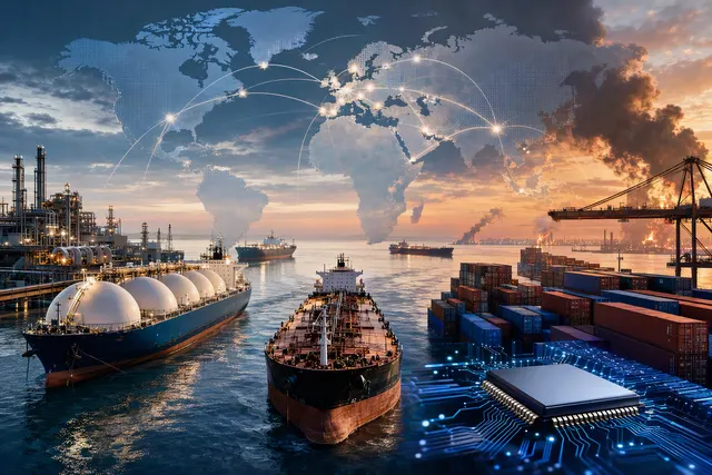 Illustrative image accompanying an analysis of global trade, Middle East energy exports and AI-related goods.