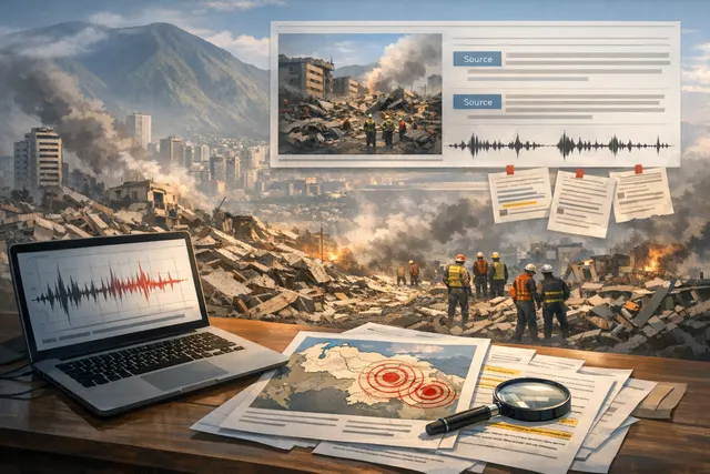 Satellite-style image illustrating widespread destruction from the June 24, 2026, twin earthquakes in Venezuela.