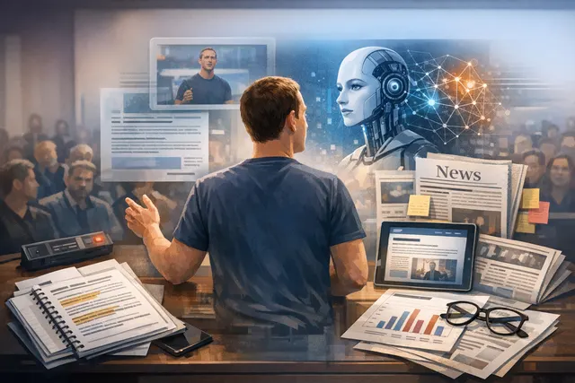 Mark Zuckerberg speaking at an internal Meta town hall meeting with employees, illustrating the company's AI overhaul and restructuring announcements.