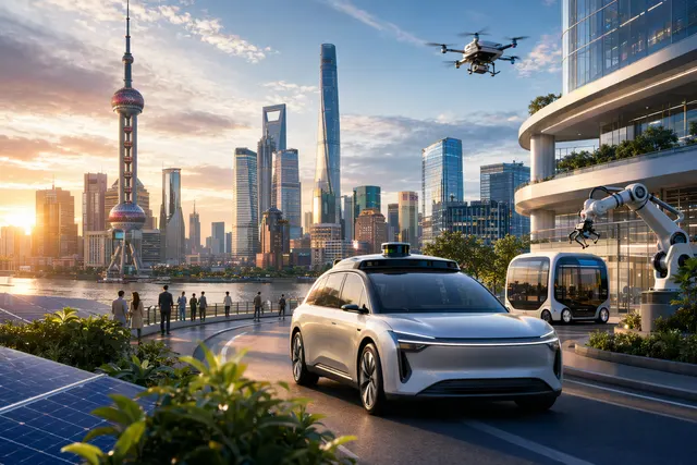 Futuristic Shanghai skyline with autonomous vehicles and high‑tech industries symbolizing economic growth and innovation