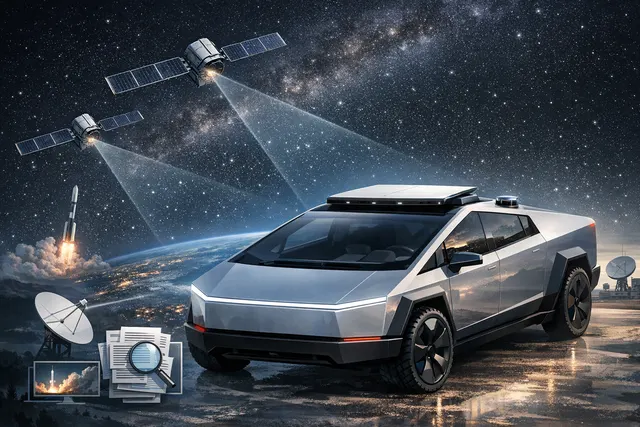 Cutaway diagram of a Tesla Cybercab showing the integrated Starlink V5 satellite terminal in the roof, alongside other sensors and antennas.