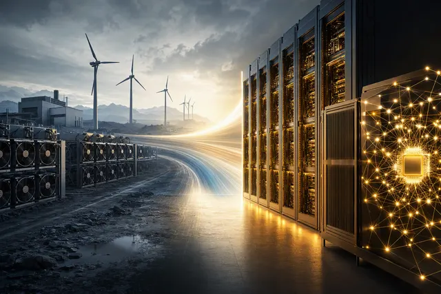 Illustration of Bitcoin mining infrastructure shifting toward AI and high-performance computing data centers