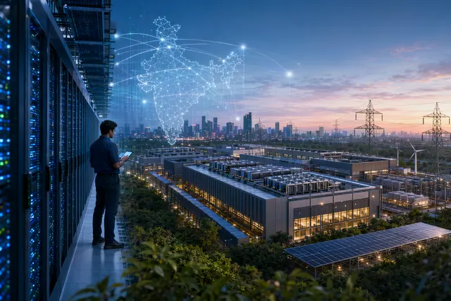 Illustration of large AI data centres and digital infrastructure representing India’s expanding compute capacity