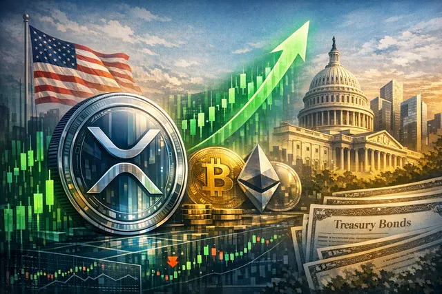 Illustration of XRP rising during a Bitcoin-led cryptocurrency market rally, with market charts and liquidity signals in the background