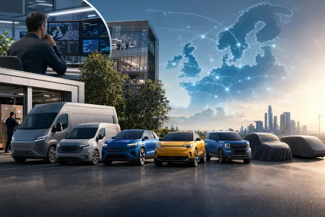 Illustration representing Ford’s Ready‑Set‑Ford strategy with SUVs, electric hatchbacks, and commercial vans for the European market