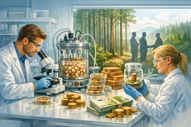 Conceptual image of lab-grown wood technology with tree cells in a bioreactor environment, representing New Dawn Bio's cultured wood innovation