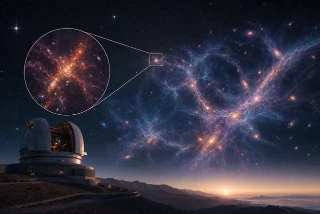 Illustration of COSMOS-z3.1-A as a dense proto-supercluster connected by cosmic-web filaments