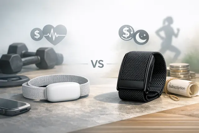 A side-by-side comparison concept of the Google Fitbit Air and Whoop 5.0 screenless fitness trackers, highlighting their minimalist designs.