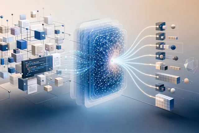 Editorial illustration representing structured AI decisions and probabilistic software automation