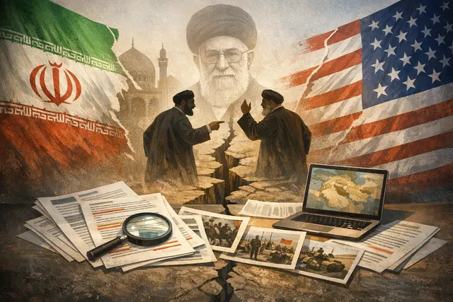 Abstract illustration of fractured leadership in Iran with symbols of the Assembly of Experts and IRGC