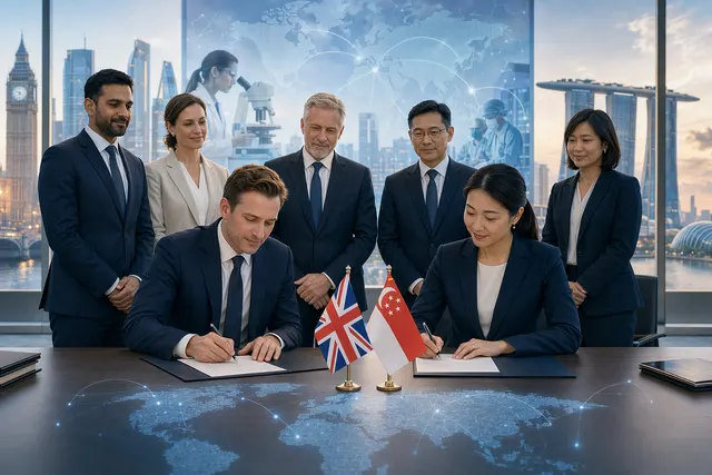 Concept illustration of a global healthcare investment merger linking Europe, North America, and Asia