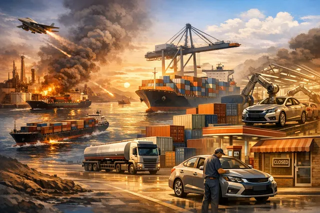 Global supply chain map showing the Strait of Hormuz as a critical chokepoint disrupted by the 2026 Iran conflict, with automotive factories and UK small businesses highlighted as