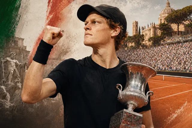 Illustration of Jannik Sinner celebrating victory at the Italian Open in Rome after defeating Casper Ruud