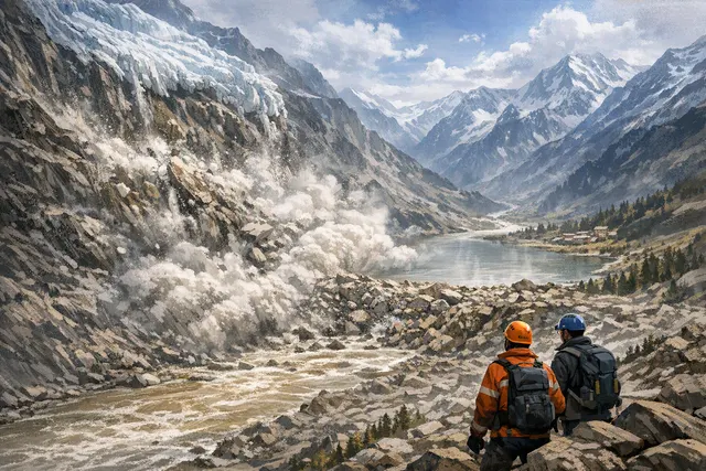 Editorial illustration of a glacier collapse sending an ice, rock and mud avalanche into a Himalayan river valley near the Nepal–Tibet border