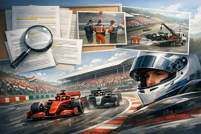 AI-generated editorial illustration of 2026 Hungarian Grand Prix qualifying drama with grid penalties