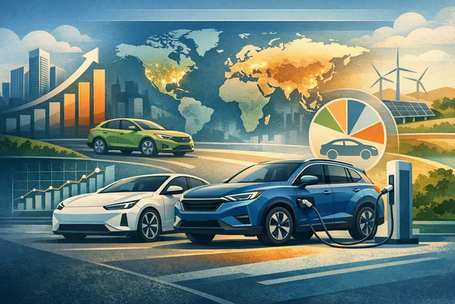 Illustration of electric vehicles and global trade routes representing the worldwide EV market in Q2 2026