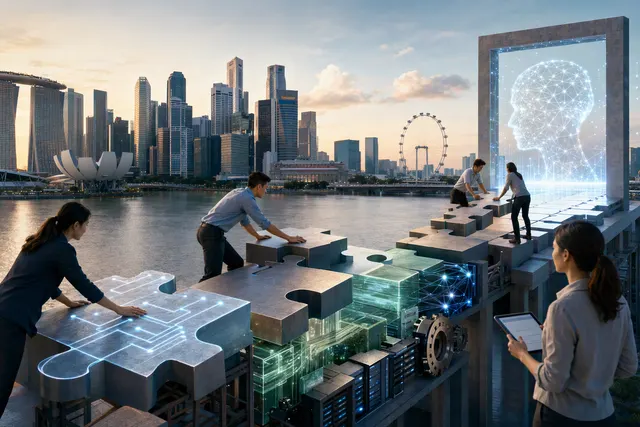Editorial illustration of an AI system moving from a pilot into everyday business operations