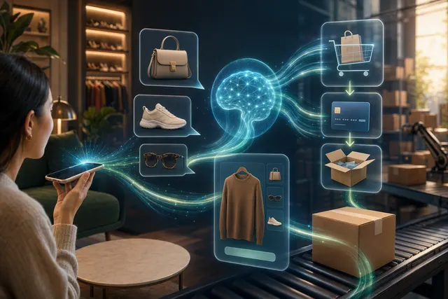 Editorial illustration of AI-powered shopping and Shopify agentic commerce