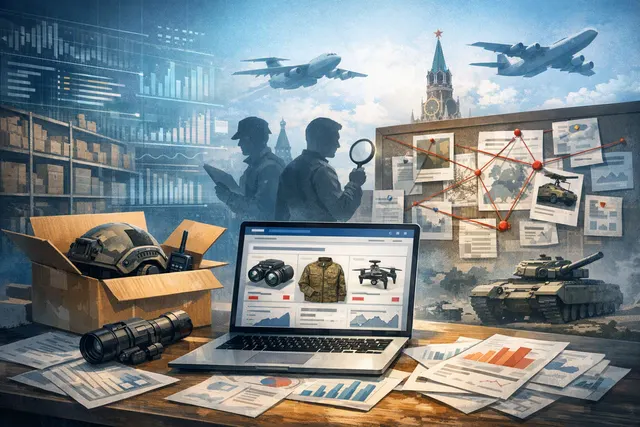 Editorial illustration of a Russian e-commerce warehouse, military gear, drones, and logistics routes