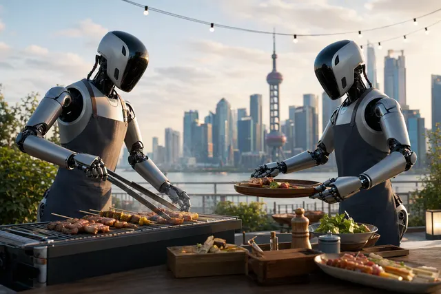 AI-generated editorial illustration for a story about humanoid robots serving an outdoor barbecue