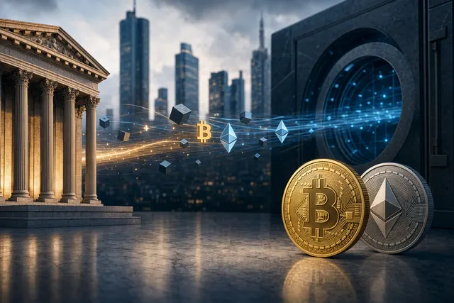 Editorial illustration representing Bitcoin and Ether transfers through an institutional crypto platform