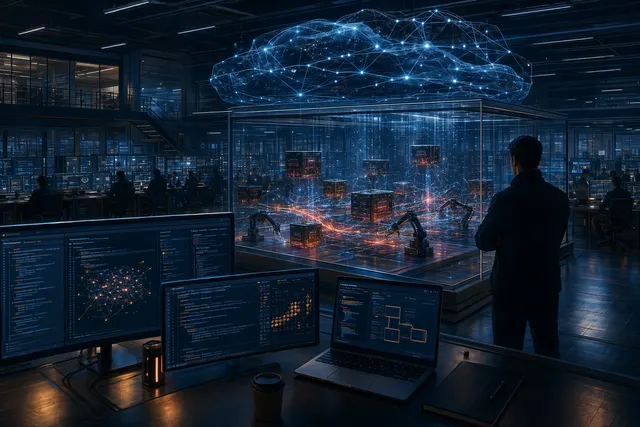 Concept illustration of AI agents training in simulated vulnerable software environments for cybersecurity testing