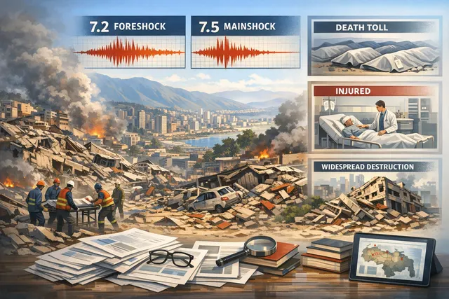 Collapsed buildings and debris in La Guaira and Caracas after the June 24, 2026 earthquake doublet