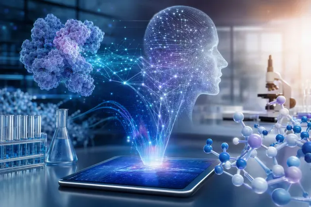 AI-generated illustration representing artificial intelligence in pharmaceutical drug discovery
