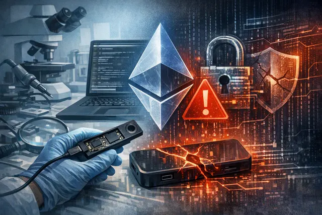 Illustration of a Ledger hardware wallet displaying an Ethereum security warning beside a digital transaction screen