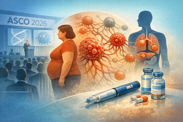 Conceptual medical illustration of GLP-1 medication research and breast cancer risk data presented at ASCO 2026