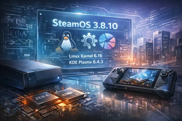 Abstract representation of the SteamOS 3.8 update with a glowing Steam logo on a dark background, symbolizing the operating system's upgrade and the arrival of the Steam Machine.