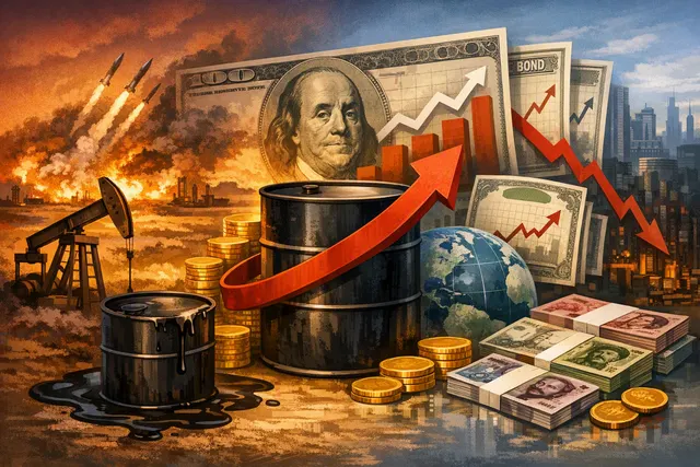 Editorial illustration of oil prices, bond yields and emerging-market currencies reacting to renewed U.S.-Iran strikes