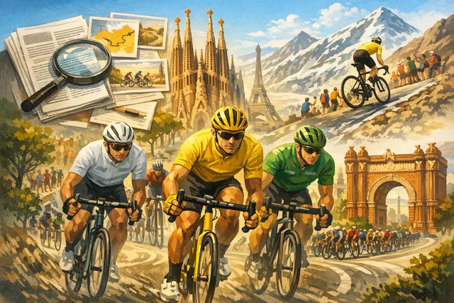 AI-generated illustration of the 113th Tour de France with cyclists racing past the Sagrada Família in Barcelona for the Grand Départ