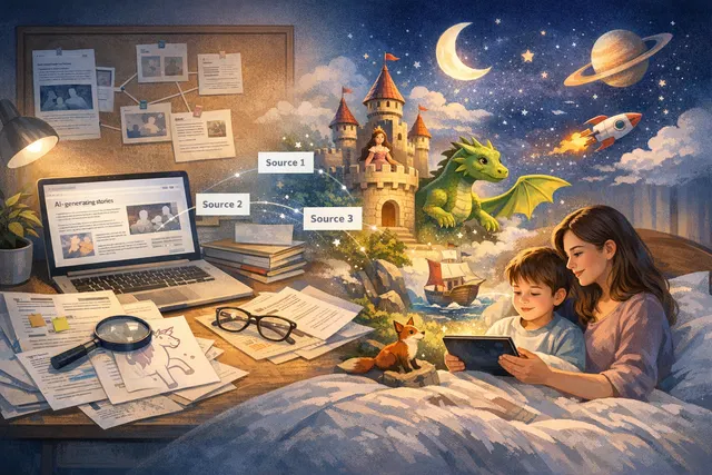 Conceptual illustration of Meta StoryKit AI app showing a parent using a phone to generate a personalized bedtime story for a child with custom characters and illustrations.