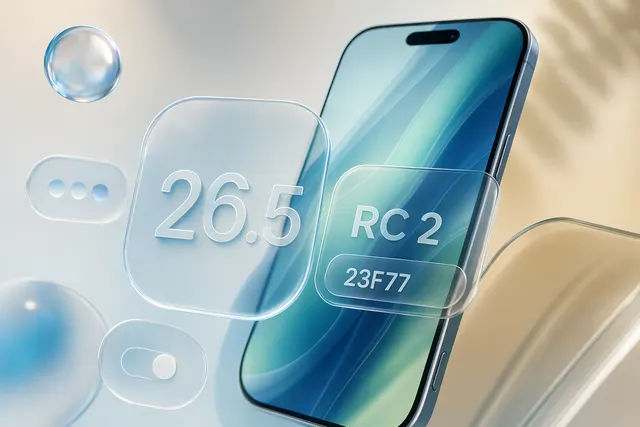 Editorial illustration of iOS 26.5 RC 2 build 23F77 on an iPhone-style software update screen