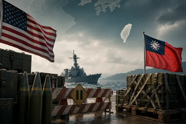 Illustration representing geopolitical tensions around Taiwan and a paused U.S. arms deal