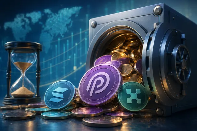 Illustration representing a large crypto token unlock event with multiple digital assets entering circulation
