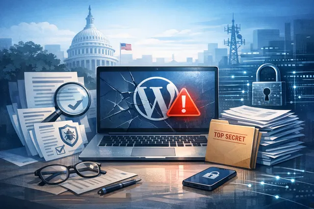 A conceptual image representing a cybersecurity vulnerability alert for the wp2shell WordPress RCE vulnerability.