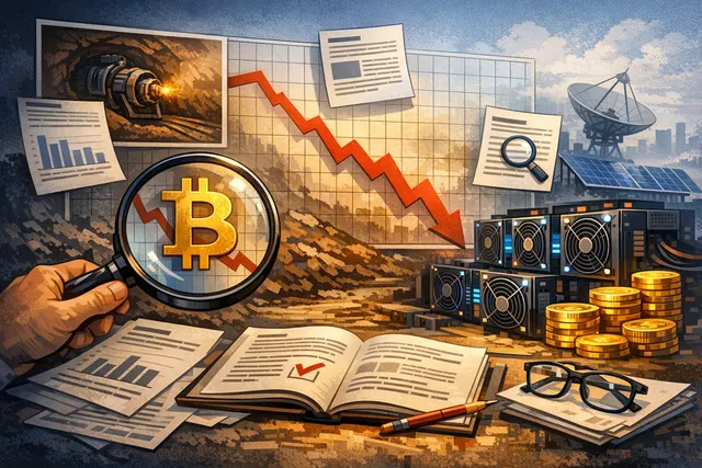 An editorial illustration depicting the split in the Bitcoin mining industry: a snow-covered Texas mining rig on one side and an AI data center campus on the other, with charts sho