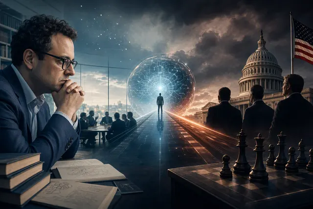 Editorial illustration representing the debate over slowing frontier artificial intelligence development