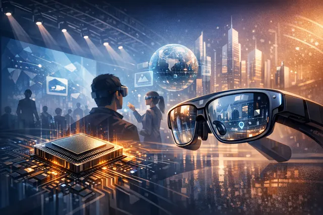 Conceptual rendering of a transparent augmented reality display layer over a futuristic urban skyline, symbolizing the spatial computing era powered by Qualcomm's new Snapdragon Re