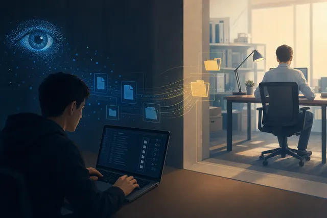 Editorial illustration of file-event notifications exposing activity across devices