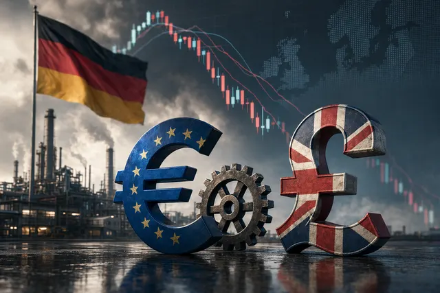 Euro and pound symbols over a German industrial factory, representing EUR/GBP pressure after weak production data