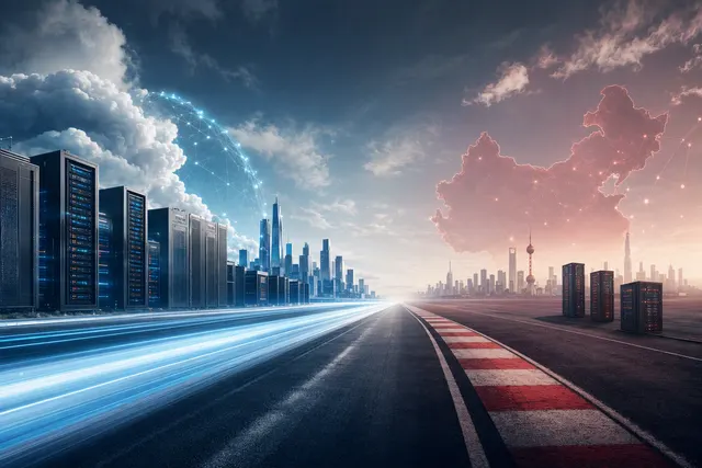 Editorial illustration of the AI infrastructure spending gap between Chinese and U.S. cloud hyperscalers