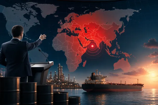 Illustration of global oil supply crisis and Strait of Hormuz disruption affecting energy markets