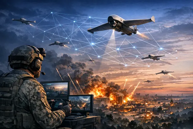 Silhouetted Shahed drone flying at dusk with a network mesh overlay and data streams, symbolizing Russia's shift to operator-guided, networked drone warfare in Ukraine.